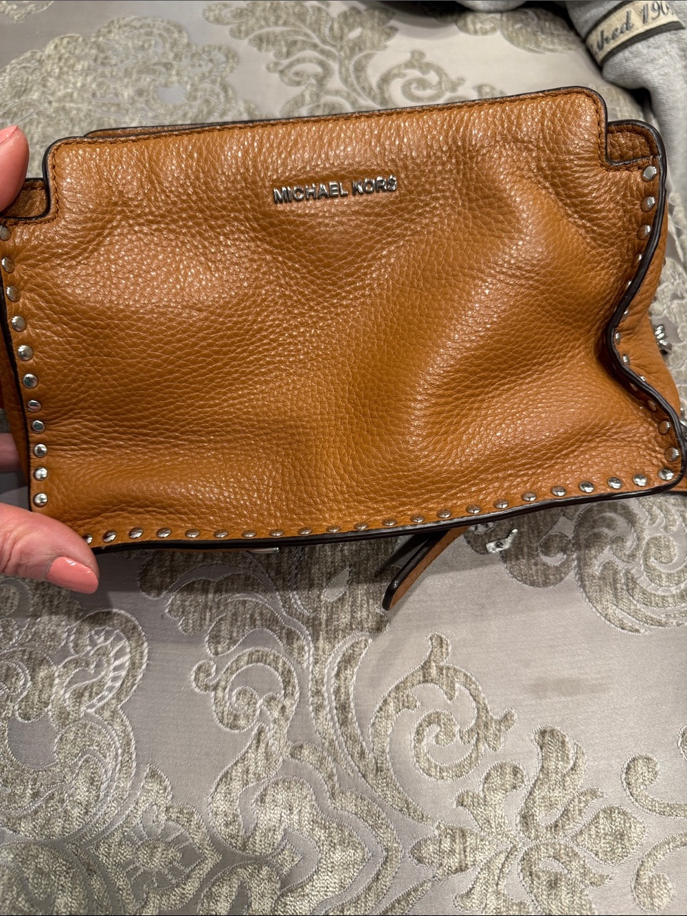 Michael Kors Cognac Pebbled Leather Studded Crossbody Bag